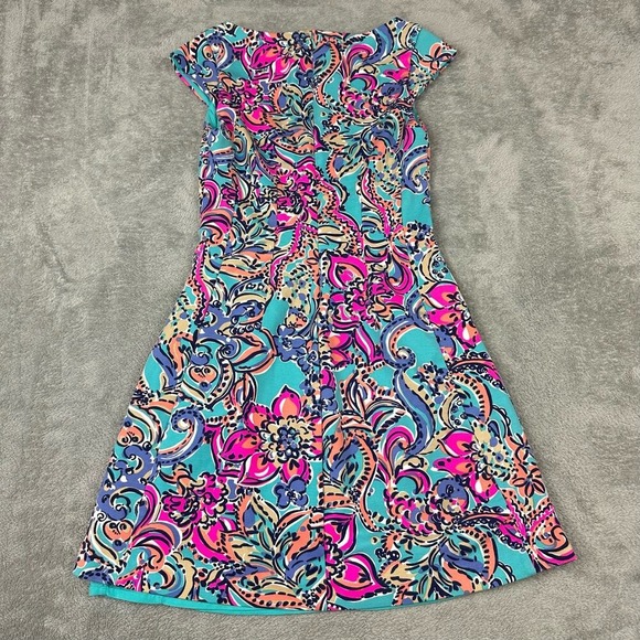 Lilly Pulitzer XS Cap Sleeve Fit Flare Dress Turquoise Pink Floral Print - Picture 3 of 9